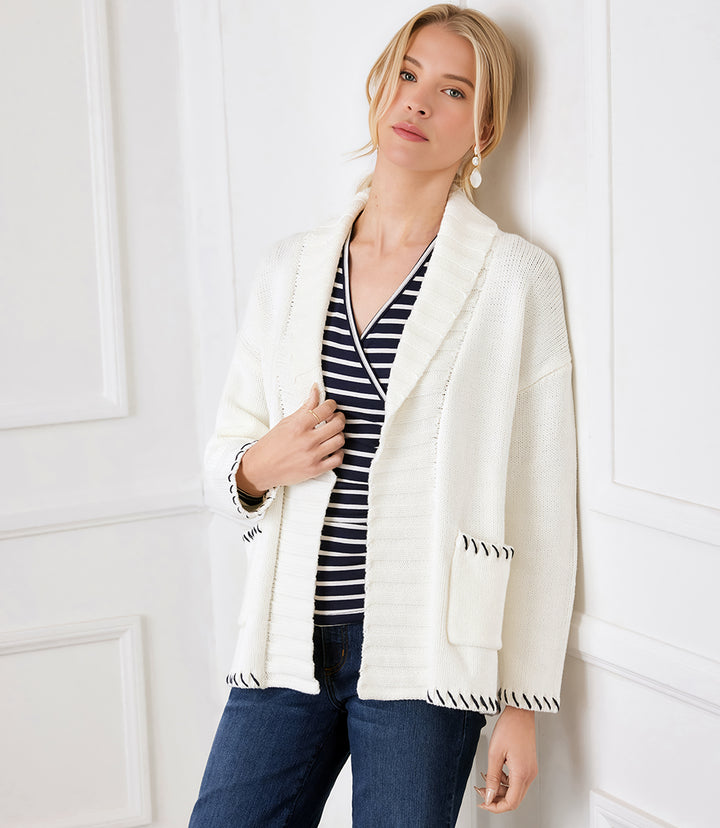 Contrast Stitch Open Front Cardigan Sweater