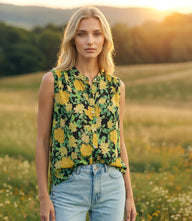 Sleeveless top with mandarin collar, golden rose floral print, front buttons, and side slits for warm-weather style