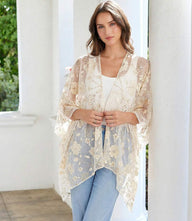 Floral embroidered chiffon open-front jacket with flare sleeves and lightweight design