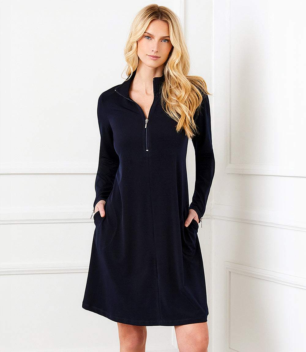 zip up dress long sleeve Long-Sleeve Front-Zip Midi Dress
