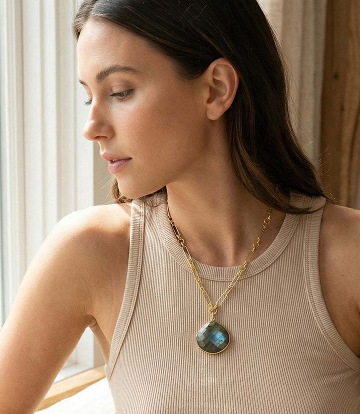 Labradorite pendant necklace with gold-plated brass on 17-inch chain featuring 1.25-inch stone, versatile for casual and formal wear.