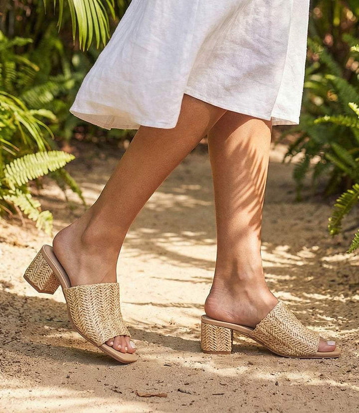 Seychelles Pepper Mid Heel Sandals with raffia upper and 1.75-inch block heel, wide fit and square open toe