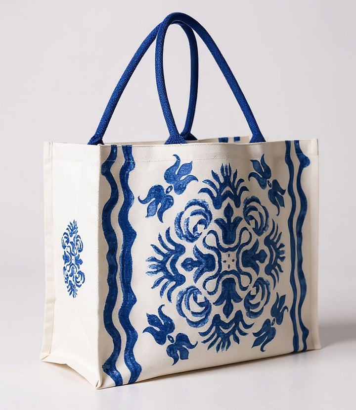 Diamond Blue Tile Block Print Tote Bag