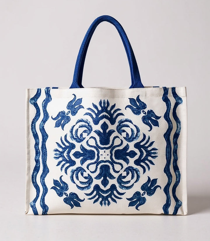 Diamond Blue Tile Block Print Tote Bag