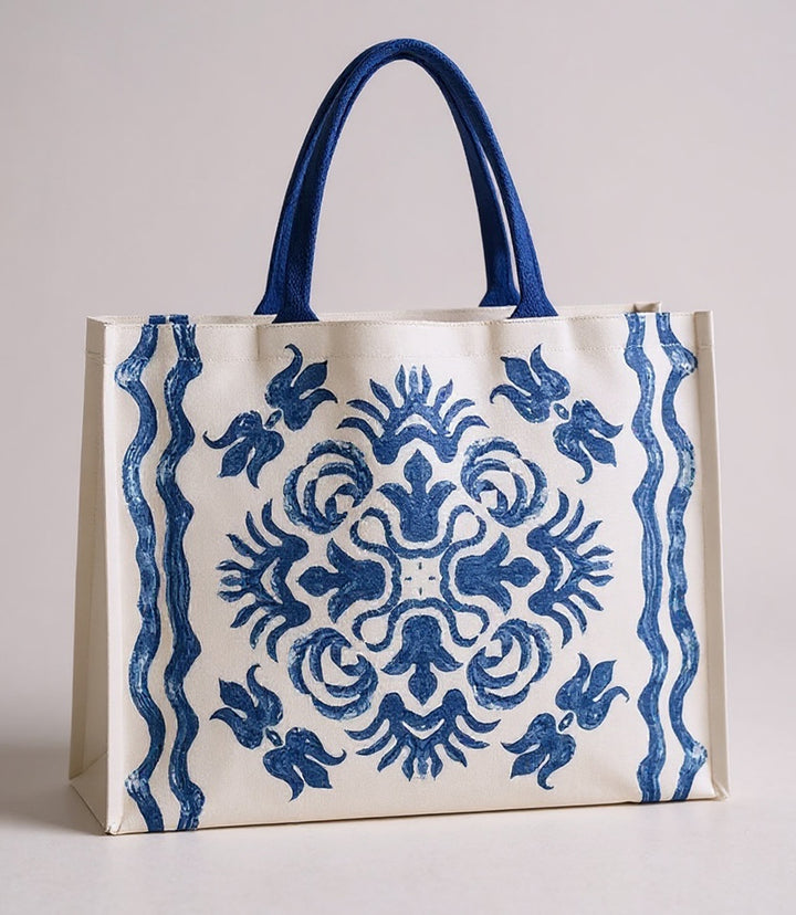 Diamond Blue Tile Block Print Tote Bag