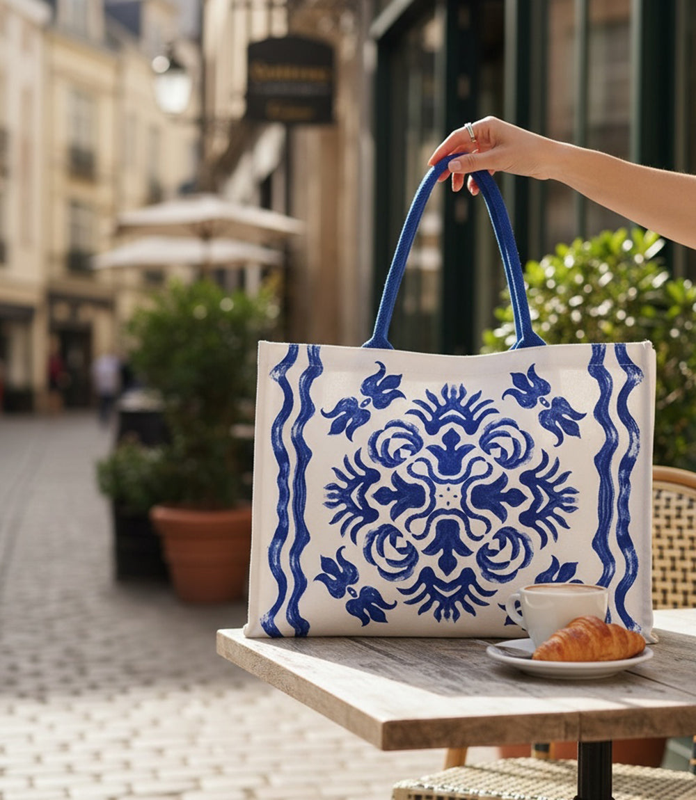 Diamond Blue Tile Block Print Tote Bag