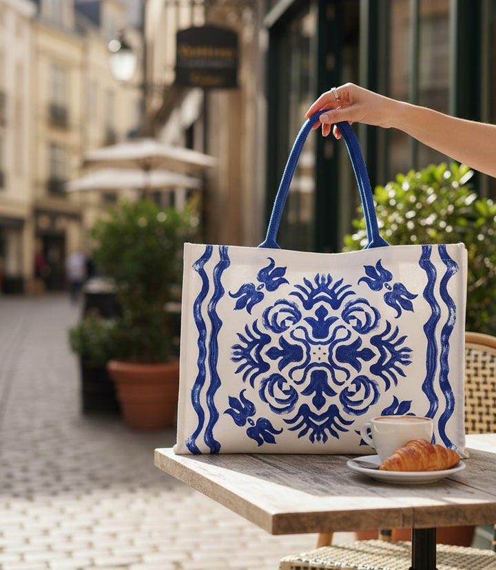 Diamond Blue Tile Block Print Tote Bag