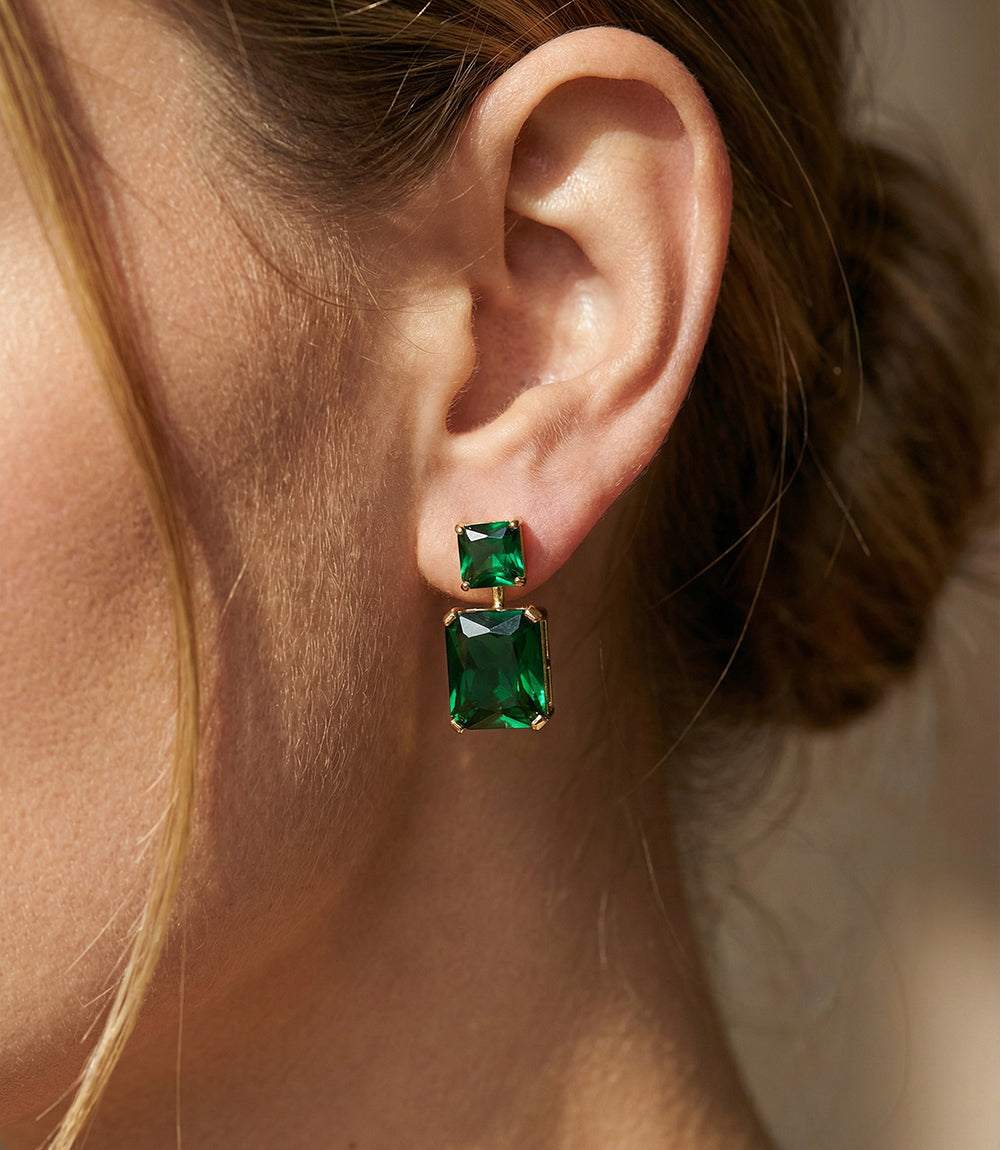Princess cut drop earrings with emerald gemstones in 14K gold plated minimalist design