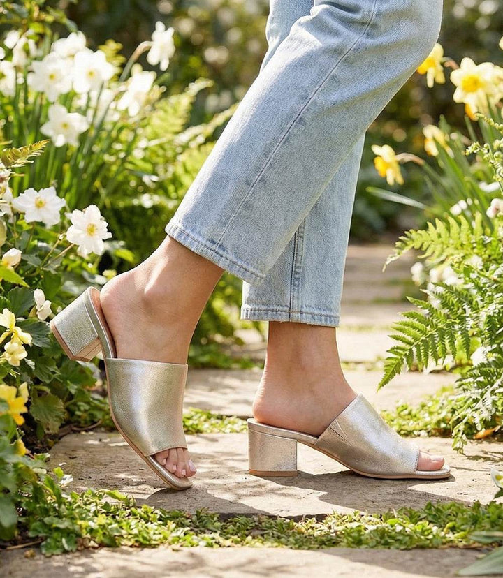 Seychelles Pepper Mid Heel Sandals gold leather slip-on with square toe and mid block heel