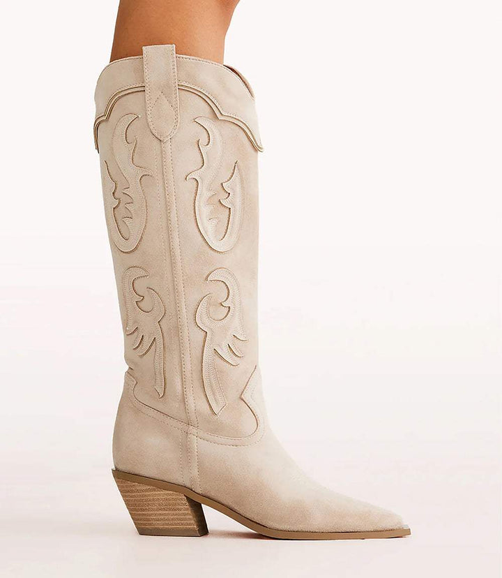 Beige wide-fit Billini Tulie Boots with semi-pointed toe, Western stitching, low block heel, and pull-on style