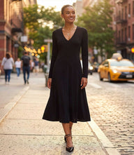 Kate V-Neck Midi Travel Dress with long sleeves and subtle seams in travel jersey fabric