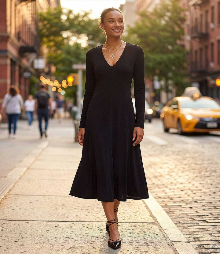 Kate V-Neck Midi Travel Dress with long sleeves and subtle seams in travel jersey fabric