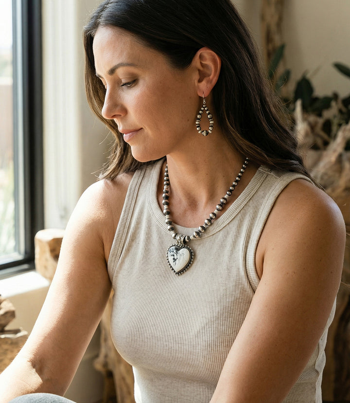 White Buffalo And Navajo Pearl Heart Necklace And Earring Set