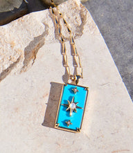 Star pendant necklace with turquoise mother of pearl and 14K gold plated brass rectangular pendant on adjustable chain