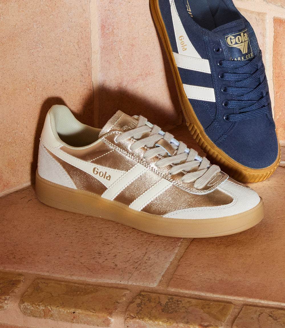 Gola Viper Metallic Sneakers in gold leather with white stripes and gum rubber sole