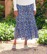 Blue floral front slit midi skirt with tiered design and elastic waist