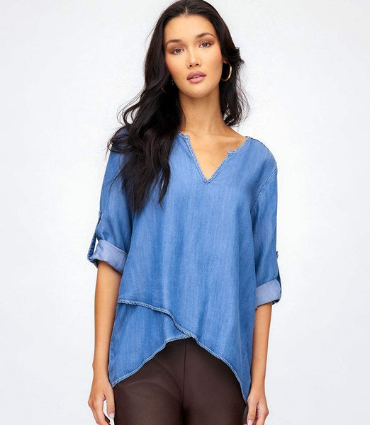 Chambray Asymmetric Hem Wrap Top | Karen Kane