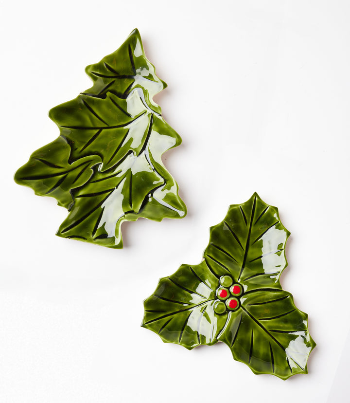 Holly Leaf And Tree Serving Trays, Set Of 2