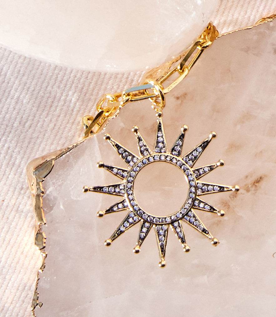 Gold plated Pavé Sunburst Necklace with clear crystal sunburst pendant on a chain