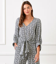 Blue floral Blouson Sleeve Tie-Front Top with V-neck and 3/4 blouson sleeves