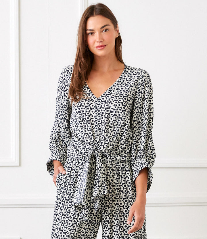 Blue floral Blouson Sleeve Tie-Front Top with V-neck and 3/4 blouson sleeves