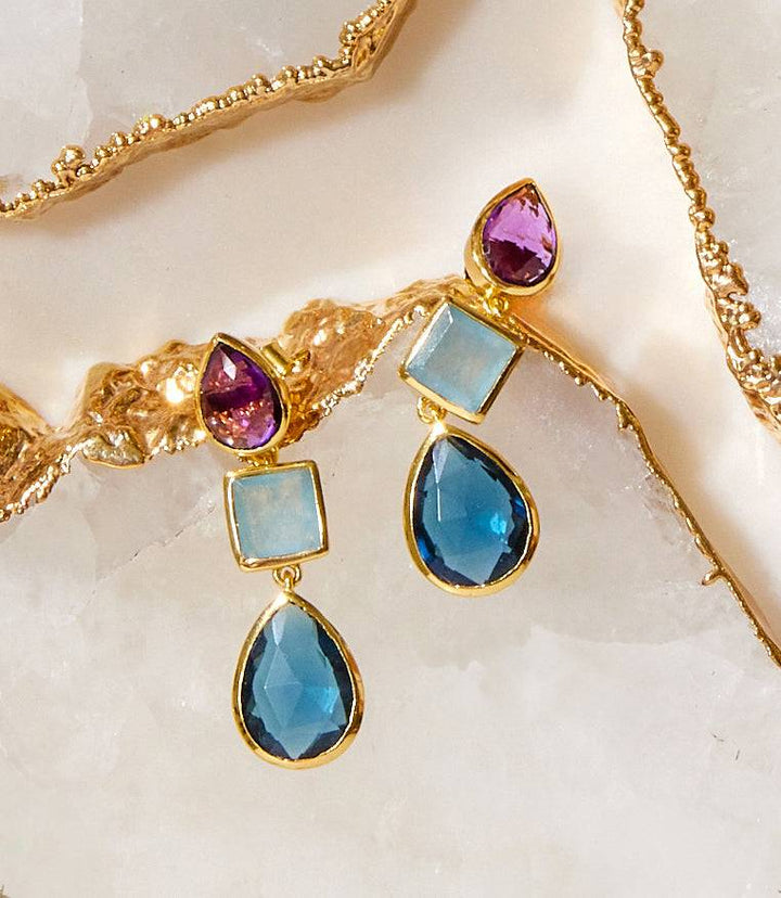 Mixed Triple Gemstones Earrings with purple amethyst, blue iolite, and jade set in 18k gold plated brass