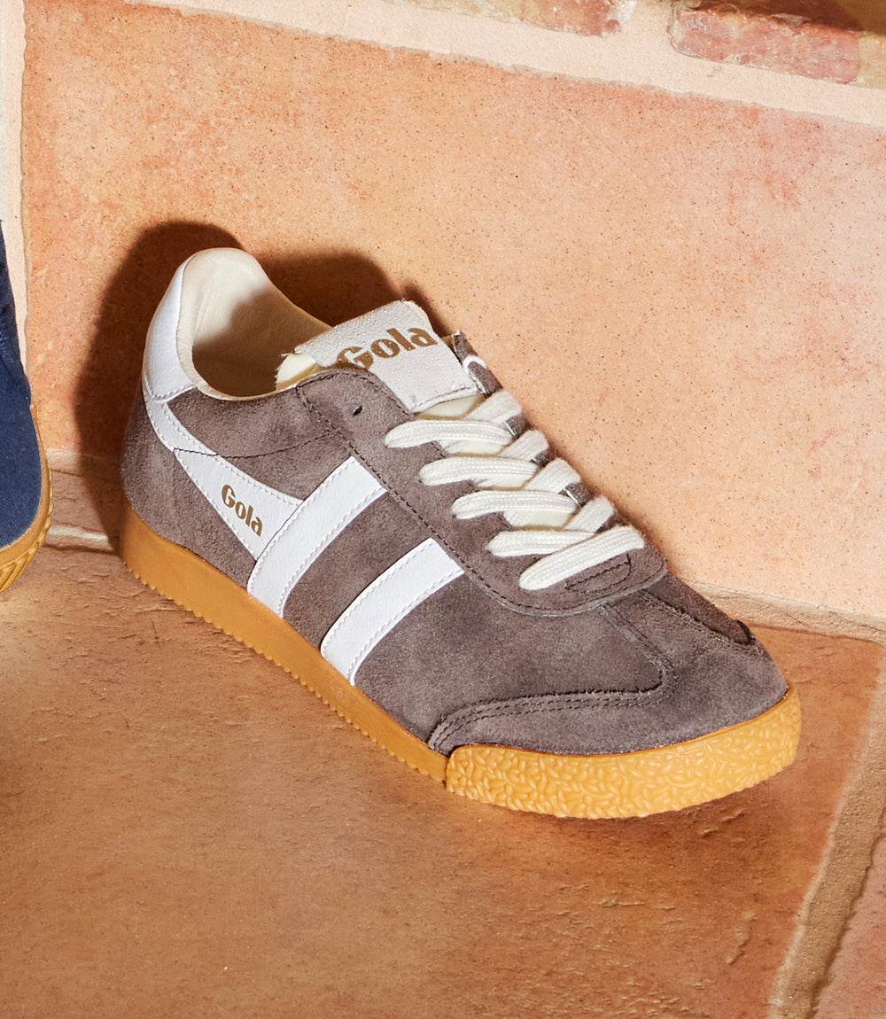 Gola Elan Classic Sneakers mocha suede with white stripes and gum sole