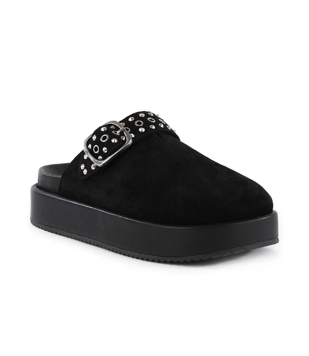 Seychelles Acclaim Studded Clogs in black suede leather with chunky platform sole and silver-tone studded buckle strap