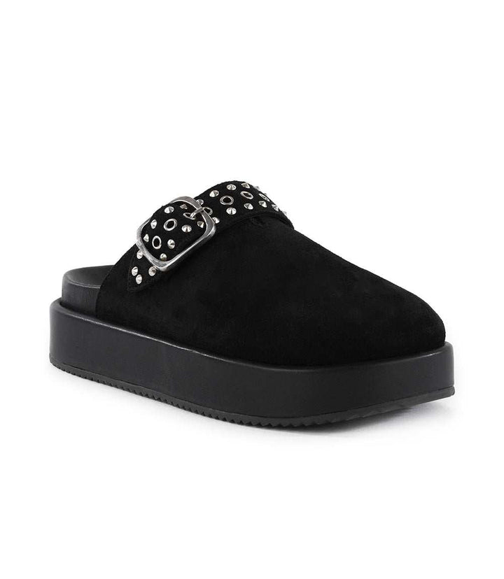 Seychelles Acclaim Studded Clogs in black suede leather with chunky platform sole and silver-tone studded buckle strap