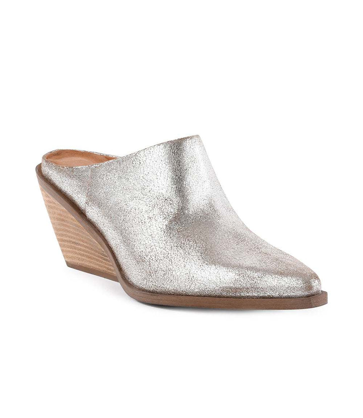 Seychelles Morning Joe pewter suede pointed toe mule boots with stacked heel and backless slip-on design