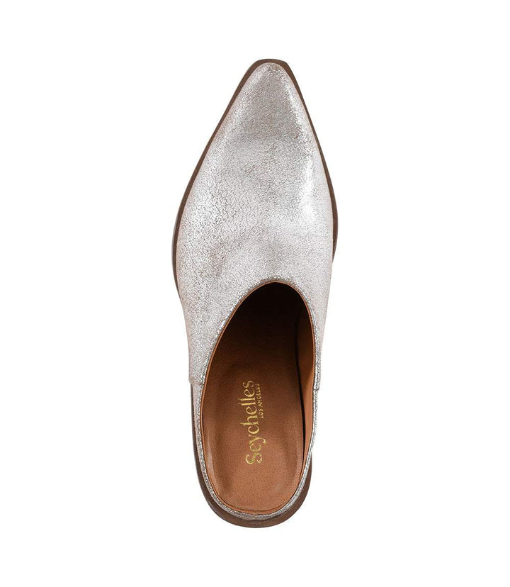 Seychelles Morning Joe pewter suede pointed toe mule boot with sculpted stacked heel and backless slip-on design