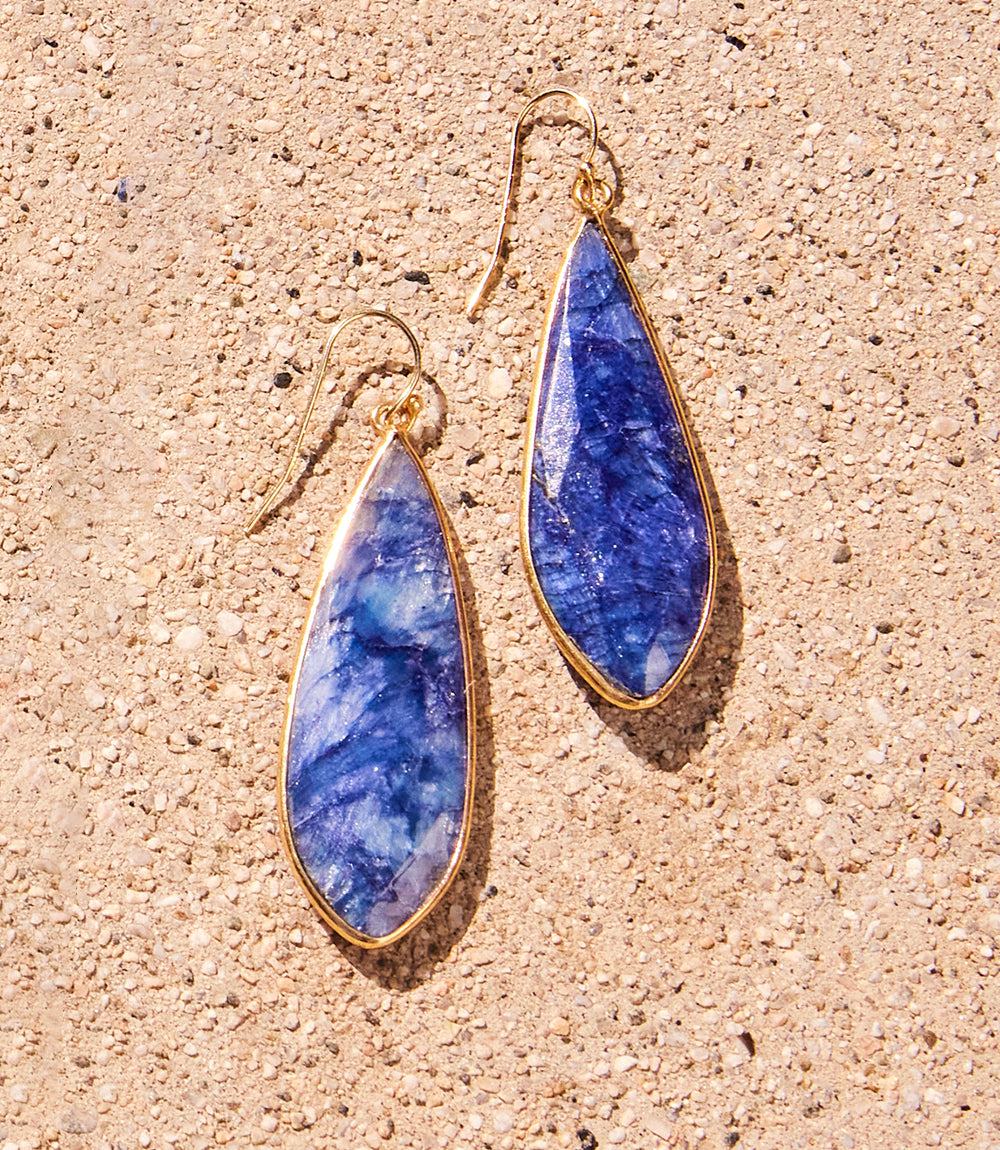 Large natural gemstone kite-shaped earrings with blue stones set in gold-plated sterling silver and drop ear wires