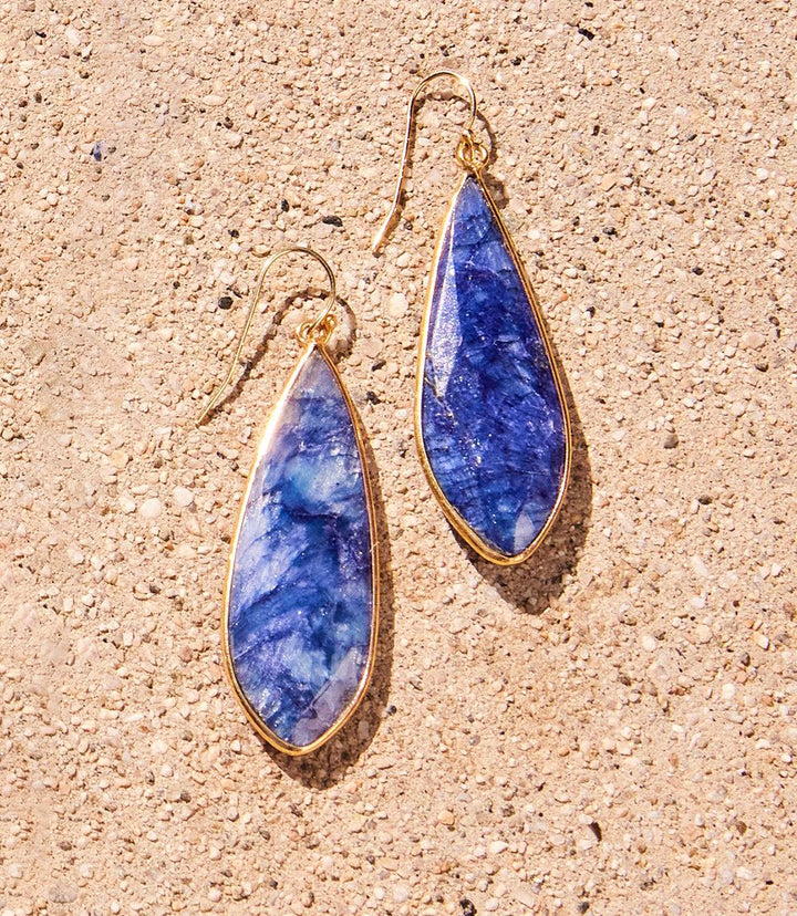 Large natural gemstone kite-shaped earrings with blue stones set in gold-plated sterling silver and drop ear wires