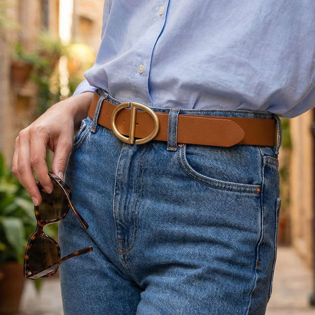 brown belt with gold hardware