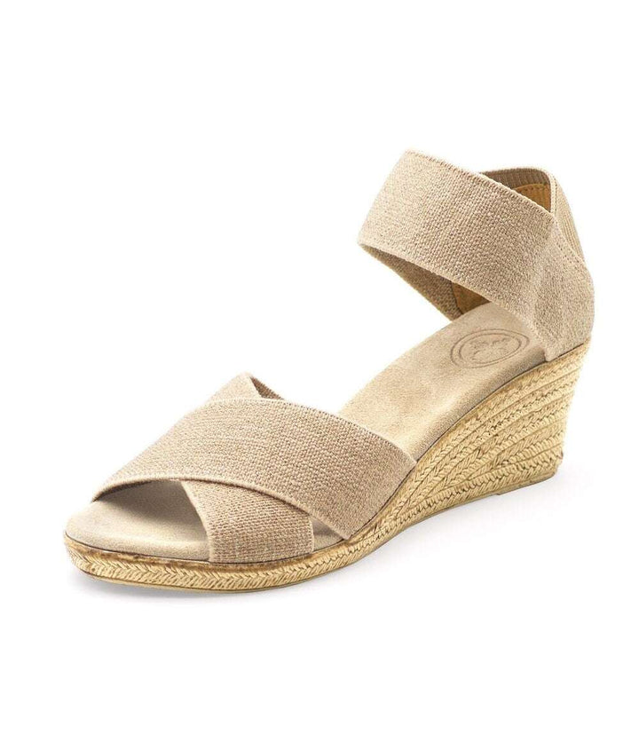 Cannon Espadrille Wedge linen sandals with crisscross elastic straps and 2-inch covered wedge heel