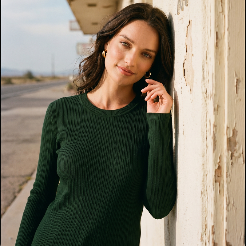 A woman with long dark brown hair leans against a weathered cream-colored wall, wearing a dark forest green ribbed long-sleeve crewneck sweater.