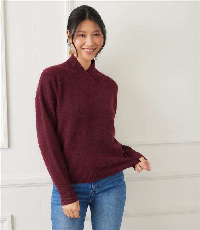 Petite size shawl collar sweater in burgundy with crossover V-neck and drop shoulder sleeves.