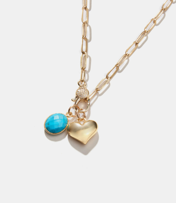 Turquoise Stone And Heart Charm Necklace