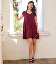 Maggie Trapeze Dress in soft rayon spandex jersey with scoop neck and cap sleeves, relaxed fit above the knee.