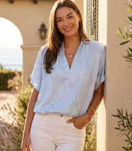 Short Sleeve V-Neck Top in crushed satin with relaxed fit and subtle sheen