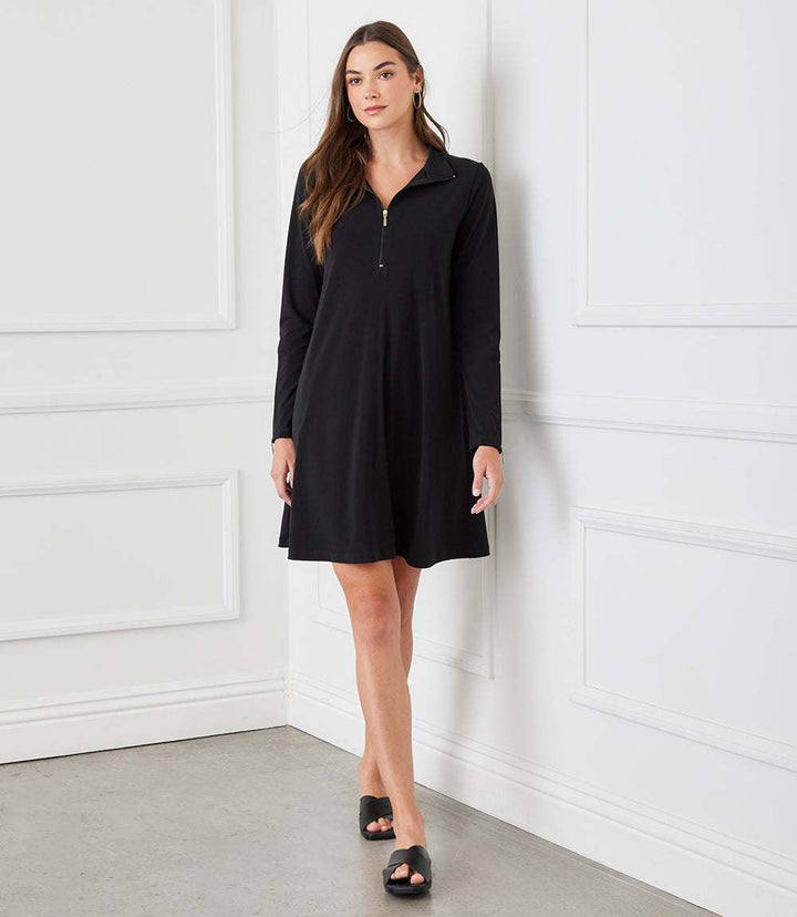 Black long sleeve wrinkle-resistant zip up travel dress with side pockets and collar zipper detail