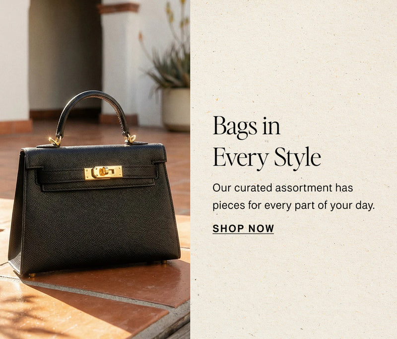 Black handbag with gold hardware on a wooden floor, promotional text about bags in every style.