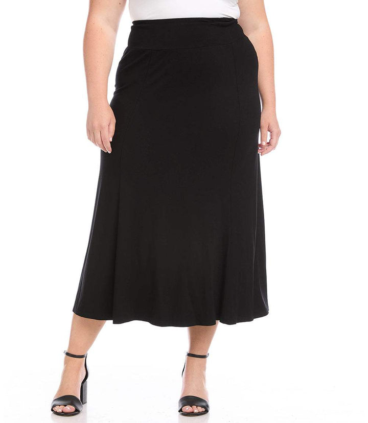 Plus size black mid-rise mid-calf length jersey knit maxi skirt with elastic waistband