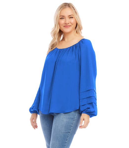Sapphire Blue Plus Size Pleat Sleeve Top | Karen Kane