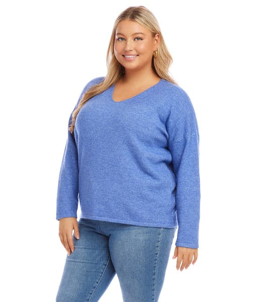 Blue Plus Size V-Neck Sweater | Karen Kane