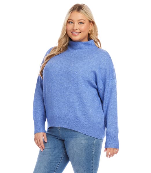Blue Plus Size Mock Neck Sweater | Karen Kane