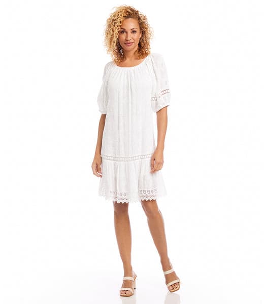 Off White Short Sleeve Embroidered Dress | Karen Kane