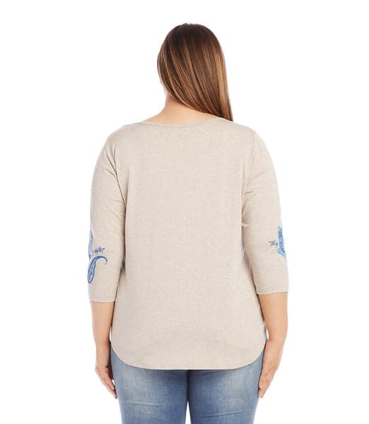 Oatmeal Plus Size Paisley Print Shirttail Top | Karen Kane