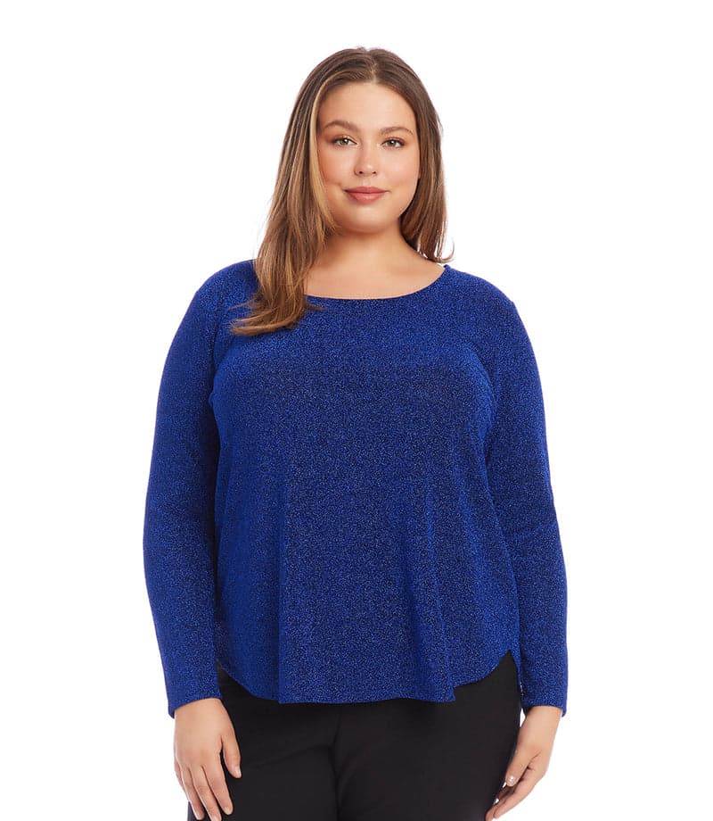 Sapphire Blue Plus Size Metallic Knit Shirttail Top | Karen Kane