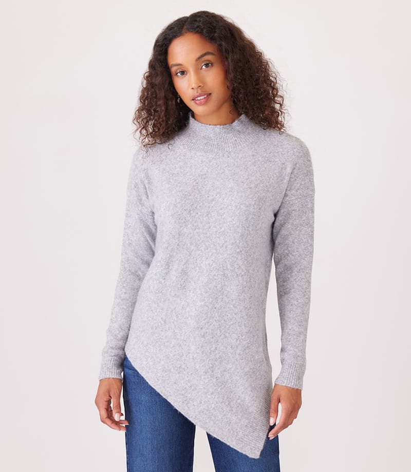 Light Heather Gray Asymmetric Turtleneck Sweater | Karen Kane